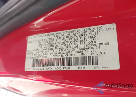 2006 Toyota Tacoma Base V6 z USA, uszkodzony, nr VIN 5TEUU42NX6Z280086